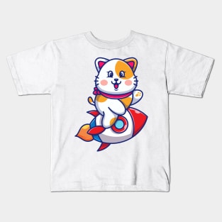 Cute cat riding rocket cartoon Kids T-Shirt